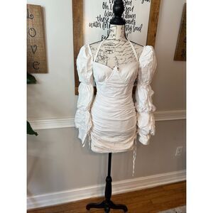 asymmetric draped cut out mini dress in ivory Anoushka Single Sleeve Cut Out Mini Dress in Ivory